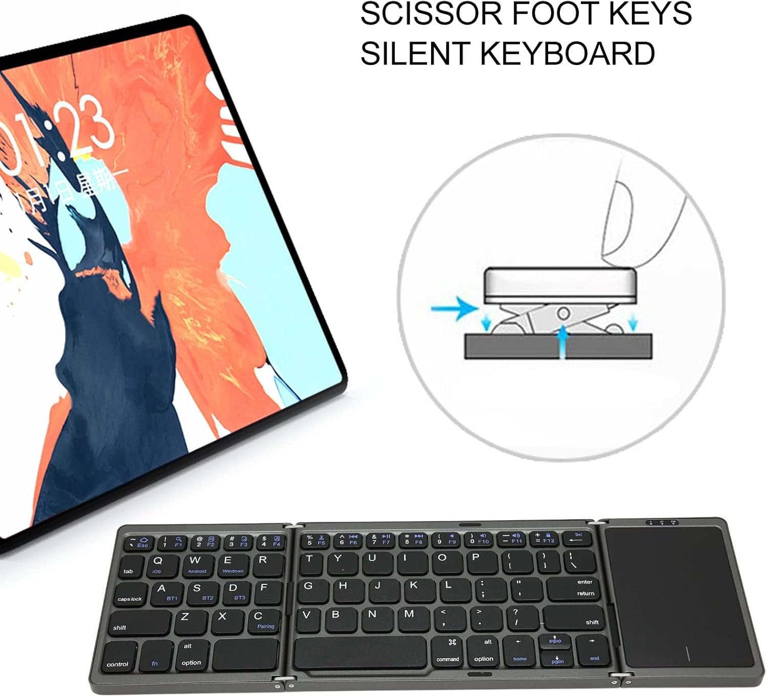 Bluetooth Wireless Rechargeble Folding Keyboard with Touch Pad 64 Keys USB C Charging - Image 3