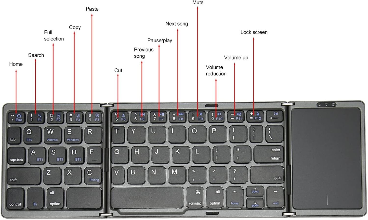 Bluetooth Wireless Rechargeble Folding Keyboard with Touch Pad 64 Keys USB C Charging - Image 10